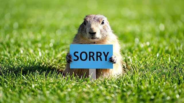 Prairie Dog Holding "SORRY" Sign Emerging from Burrow in Green Grass Field