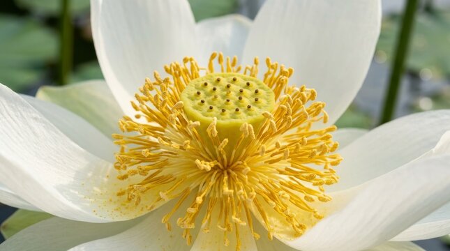 Close-up of a blooming white lotus flower with yellow center in natural light