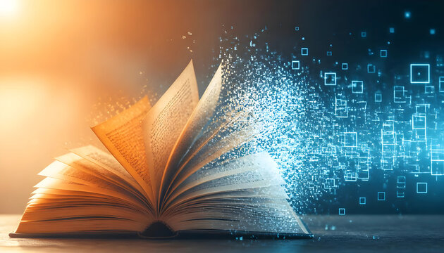 E-learning and knowledge transformation concept featuring an open book emitting glowing magical light and floating digital data particles