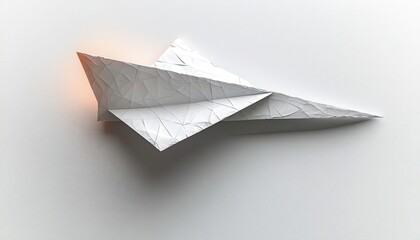 Paper airplane made from folded white paper, minimalist style. Show dreams, childhood, and the creative process of problem-solving.