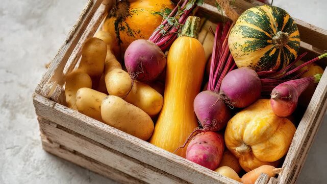 An assortment of colorful autumn vegetables in a wooden crate, showcasing the bounty of the harvest season. Ideal for farm to table recipes and organic lifestyle themes
