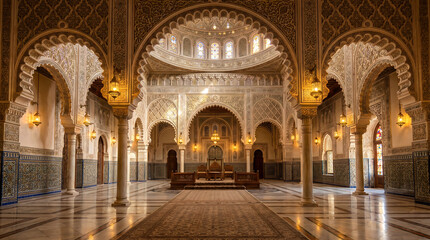 Fototapeta premium Ornate interior of a large hall with arched columns, detailed carvings, patterned tile walls, and warm lighting, featuring symmetry and a central seating area.