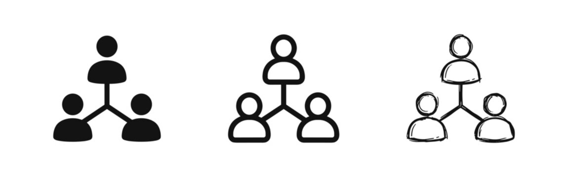 Hierarchy organizational chart icon set in flat, line, and sketch styles
