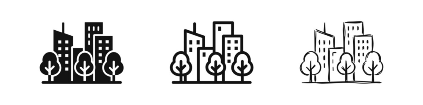 Green city buildings icon set, urban tree landscape symbol, eco friendly architecture flat and hand drawn vector