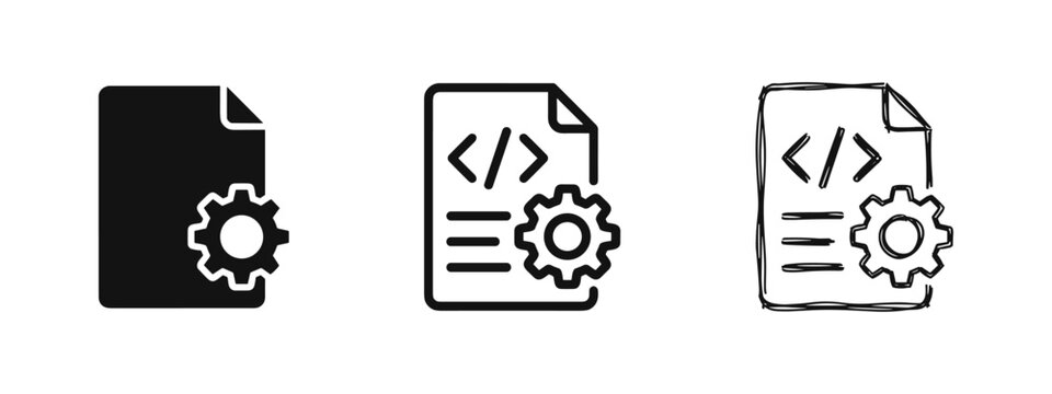 Code file settings icon set, software development configuration symbol, programming flat and hand drawn vector