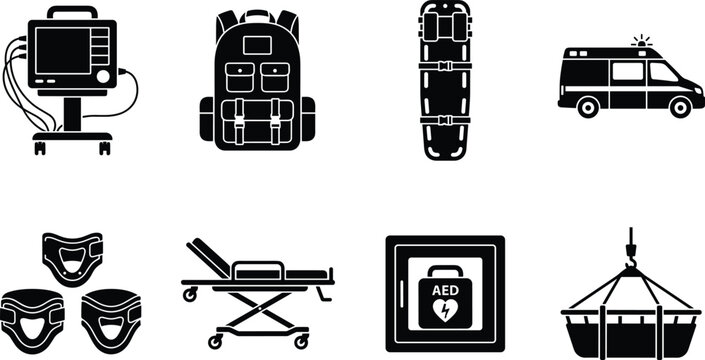 Emergency medical equipment and ambulance icon set vector black silhouettes isolated on white background