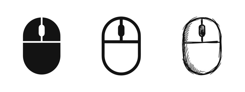 Computer mouse icon set in flat, line, and sketch variations