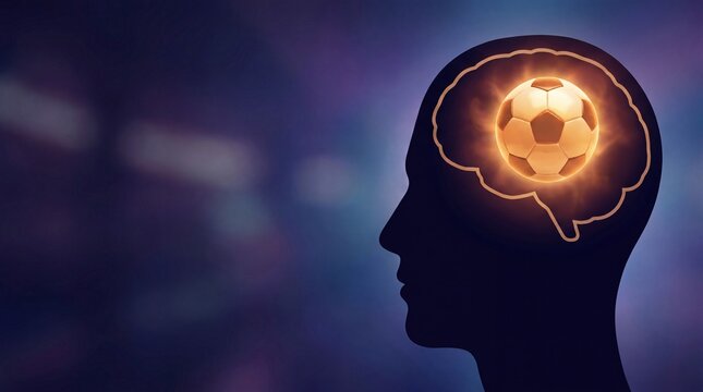 Human Head Silhouette with Glowing Soccer Ball in Brain, Sports Psychology Concept, Soccer on the Mind, Conceptual Illustration of Football Passion and Strategy