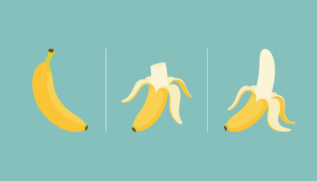 Step by step banana peeling process from fresh whole fruit to delicious peeled yellow banana on light background.