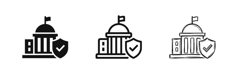 Government building with security shield icon set in flat, outline, and sketch style © drawing lines