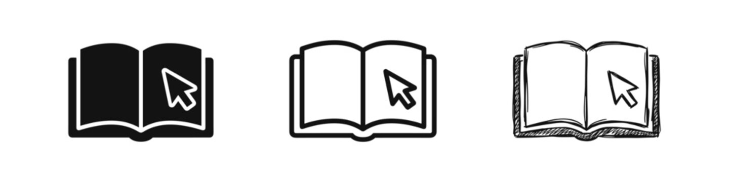 Open book with cursor arrow icon set in flat, outline, and sketch style