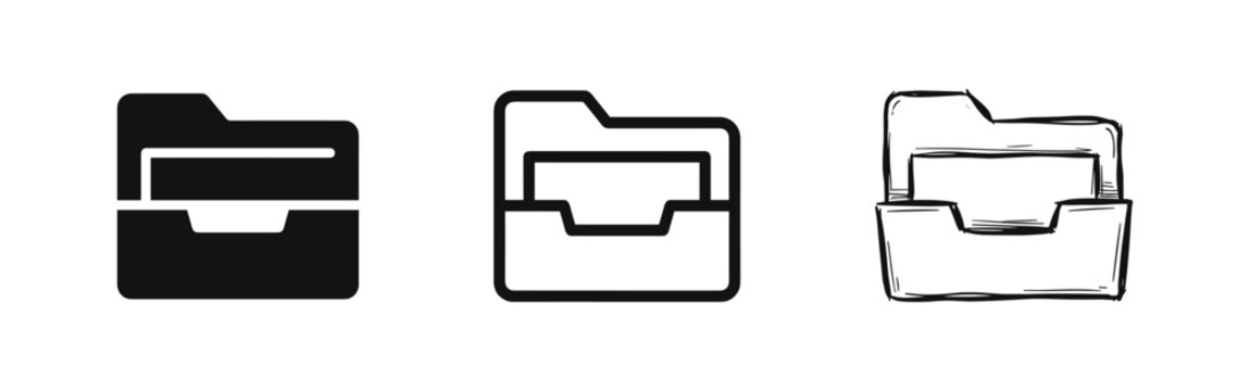 File folder drawer icon set in flat, outline, and sketch style