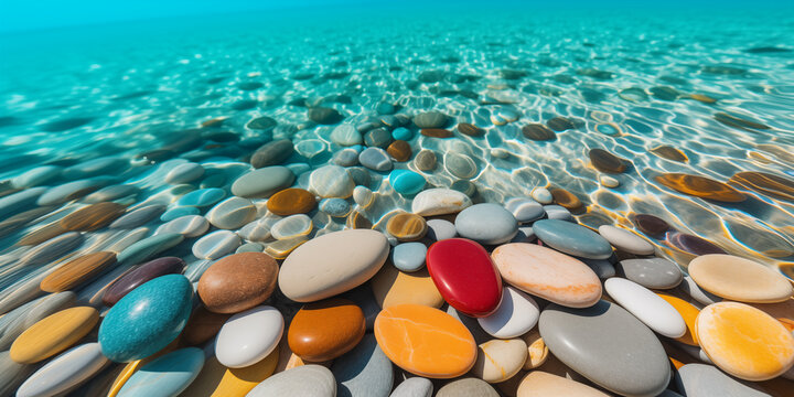 Colorful pebble beach and crystal clear turquoise water aerial coastal background, sea water and a shoreline covered with smooth colorful pebbles and polished sea glass stones
