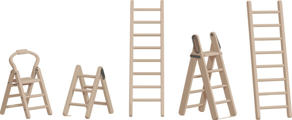 Wooden ladder vector set with stepladders and extension ladders isolated on white background for construction © Yesrath Hasan Sobuj