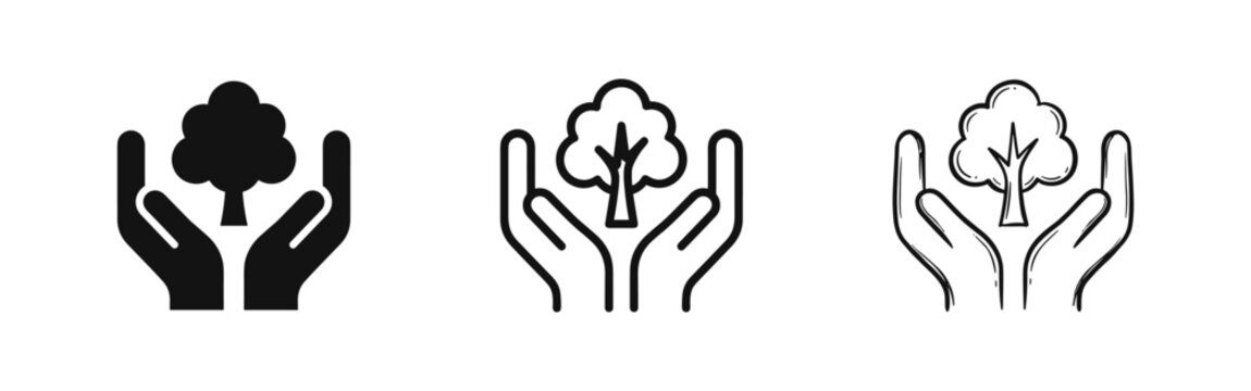 Hands holding a tree icon set, save nature and environment symbols