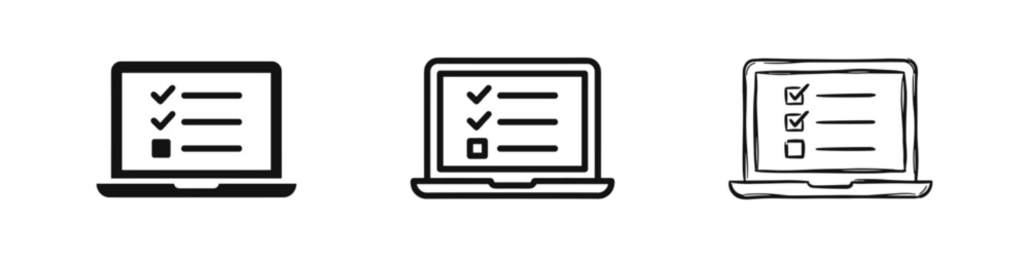 Set of computer laptop with online survey or checklist icons in different styles