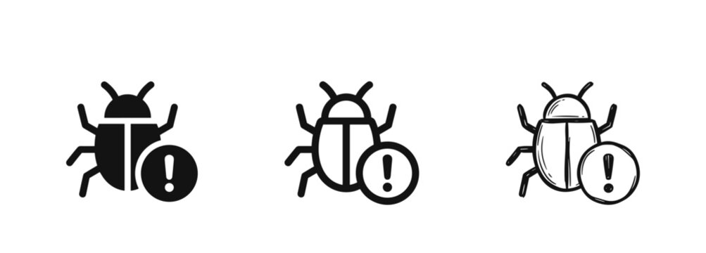 Computer bug with exclamation mark icon set, software error and debugging symbols