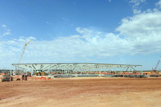 Ashburn, United States - May 7 2026: The steel frame of a data center is seen under construction, representing ongoing development of large-scale digital infrastructure and cloud computing facilities.