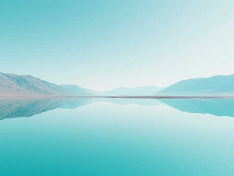 Tranquil aqua lake perfectly mirrors distant mountains and a serene, clear blue sky, creating a minimalist, symmetrical landscape