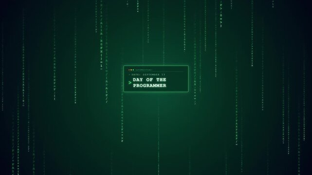Happy Day of the Programmer animation with falling green digital code