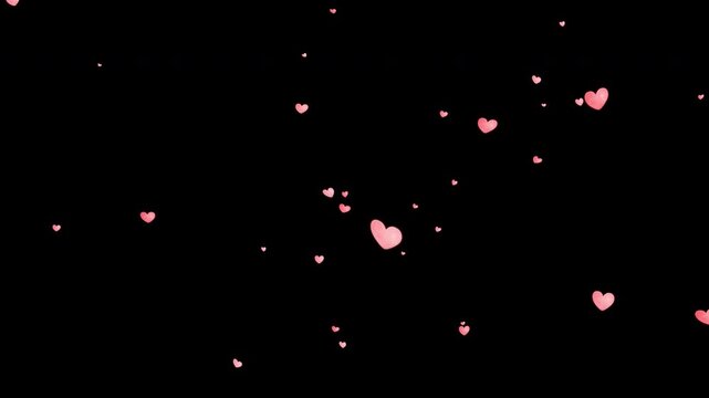 Romantic pink hearts floating black background love valentine celebration minimalist motion graphics for video overlays and festive backdrops.