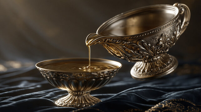 anointing. An ornate silver chrismatory with a thin golden stream, on dark velvet with dramatic lighting. event programs, museum guides, designed for cultural heritage projects and event programs.