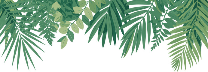 Tropical leaves border vector illustration with green palm monstera and fern foliage isolated on white background © Yesrath Hasan Sobuj