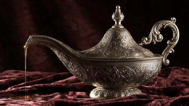 anointing. An ornate silver chrismatory with a thin golden stream, on dark velvet with dramatic lighting. event programs, museum guides, designed for cultural heritage projects and event programs.