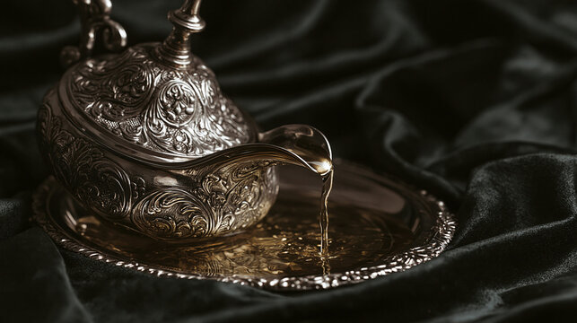 anointing. An ornate silver chrismatory with a thin golden stream, on dark velvet with dramatic lighting. event programs, museum guides, designed for cultural heritage projects and event programs.