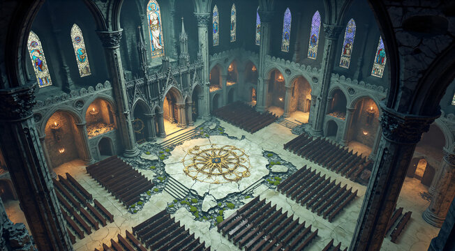 Ancient Gothic Church Ruins Isometric Game Map Interior with Historic Stone Architecture