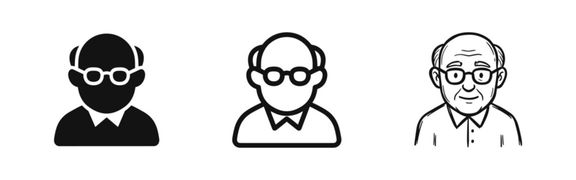 Old Man or Grandfather Icon Set, Flat, Outline and Sketch Style