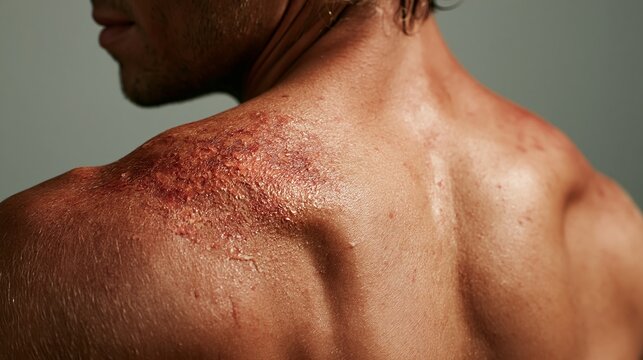 Sunburned shoulders peel after tanning, causing painful burns and increasing melanoma risk.