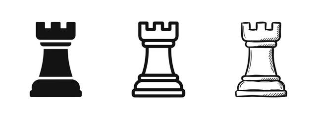 Chess Rook Icons Set, Strategy and game pieces symbols © drawing lines