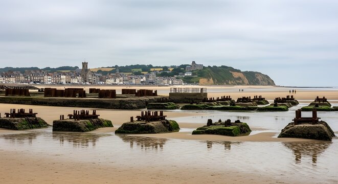 Remains of the mulberry harbour at arromancheslesbains, normandy, france historic world war ii artificial port structures on the beach at low tide