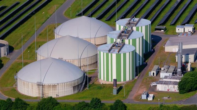 Aerial Drone Video Biogas Plant Storage Tanks Solar Farm Close-Up
