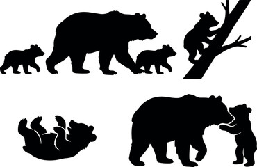 Black silhouettes of mother bear and cubs in various playful poses © DabashChandra