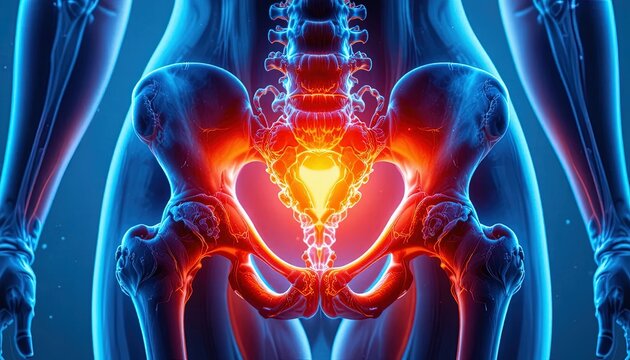 Human Pelvis Anatomy with Pain and Inflammation Highlighted in Red