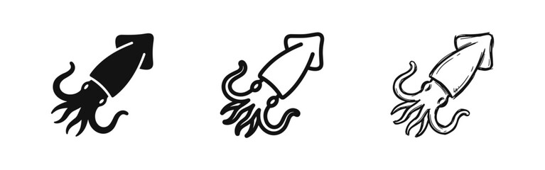 Set of three icons of a squid or octopus in different art styles © drawing lines