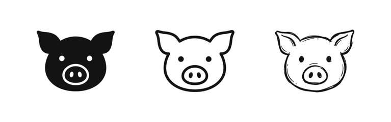 Naklejka na ściany i meble Pig Animal Head Icons Set, Solid, Line and Hand Drawn Styles