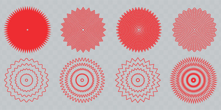 Red concentric ripple circles set. Sonar or sound wave rings collection. Epicentre, target, radar icon concept. Radial signal or vibration elements. Halftone vector illustration