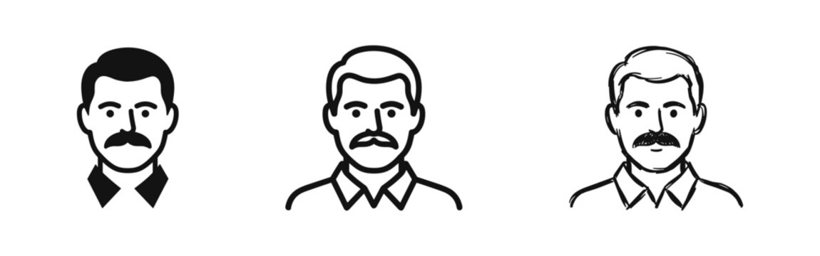 Man portrait avatar icon set, male user profile in solid, outline, and sketch styles