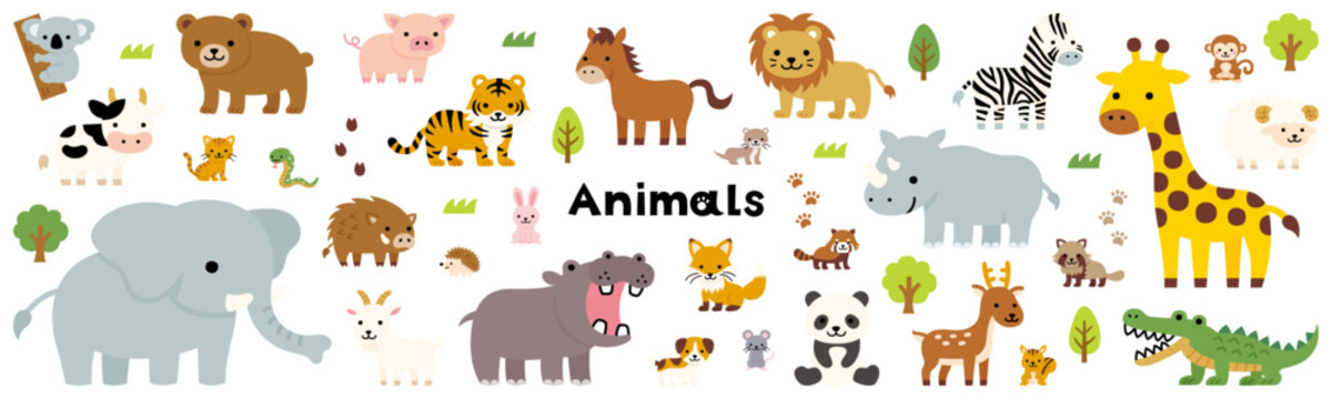ポップでかわいい動物のイラストセット