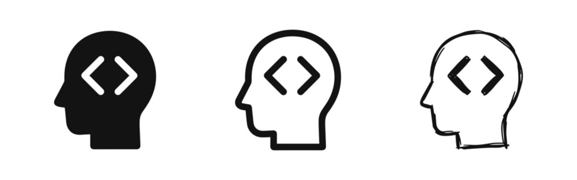 Set of Programmer Brain Icons with Code Brackets in Three Styles