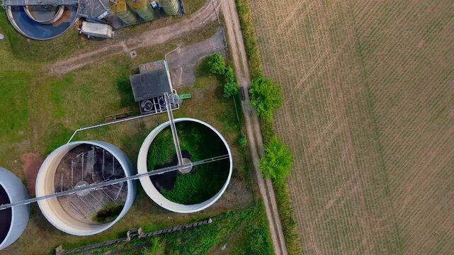 Aerial Drone Video Biogas Plant Rotating Agitator Tanks Agricultural Fields