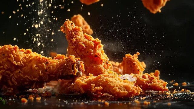 Crispy golden fried chicken pieces falling on a dark surface