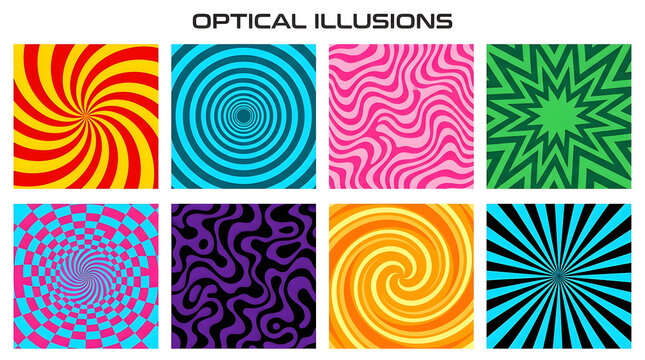 Vibrant Optical Illusions: A collection of eight dynamic optical illusion patterns in various colors and designs, creating a psychedelic and mind-bending visual experience.