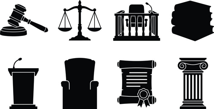 Law Legal Justice and Courthouse Equipment Black Silhouette Icon Set for Attorney and Legislation Design