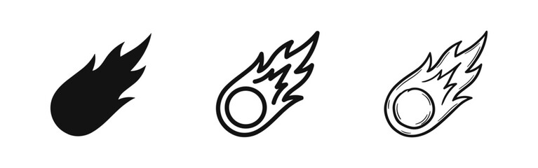 Meteorite or Comet Icon Set in Solid, Outline and Sketch Styles © drawing lines
