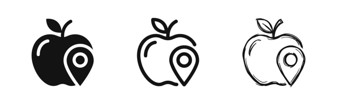 Apple fruit with location map pin icon set