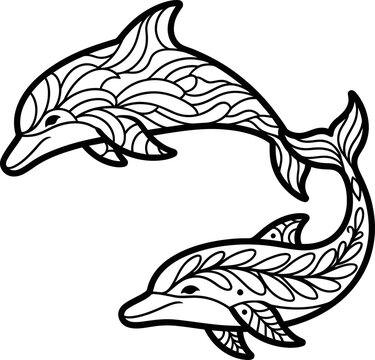 Two ornamental dolphins swimming, black and white line art, decorative marine animals